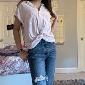 pink collared short sleeve button up blouse